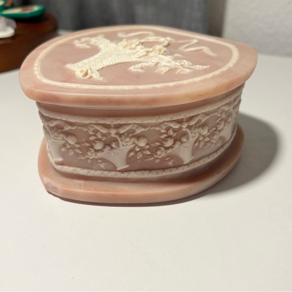 Vintage Genuine Incolay Stone Heart Shaped jewelry box | Pink Handcrafted USA